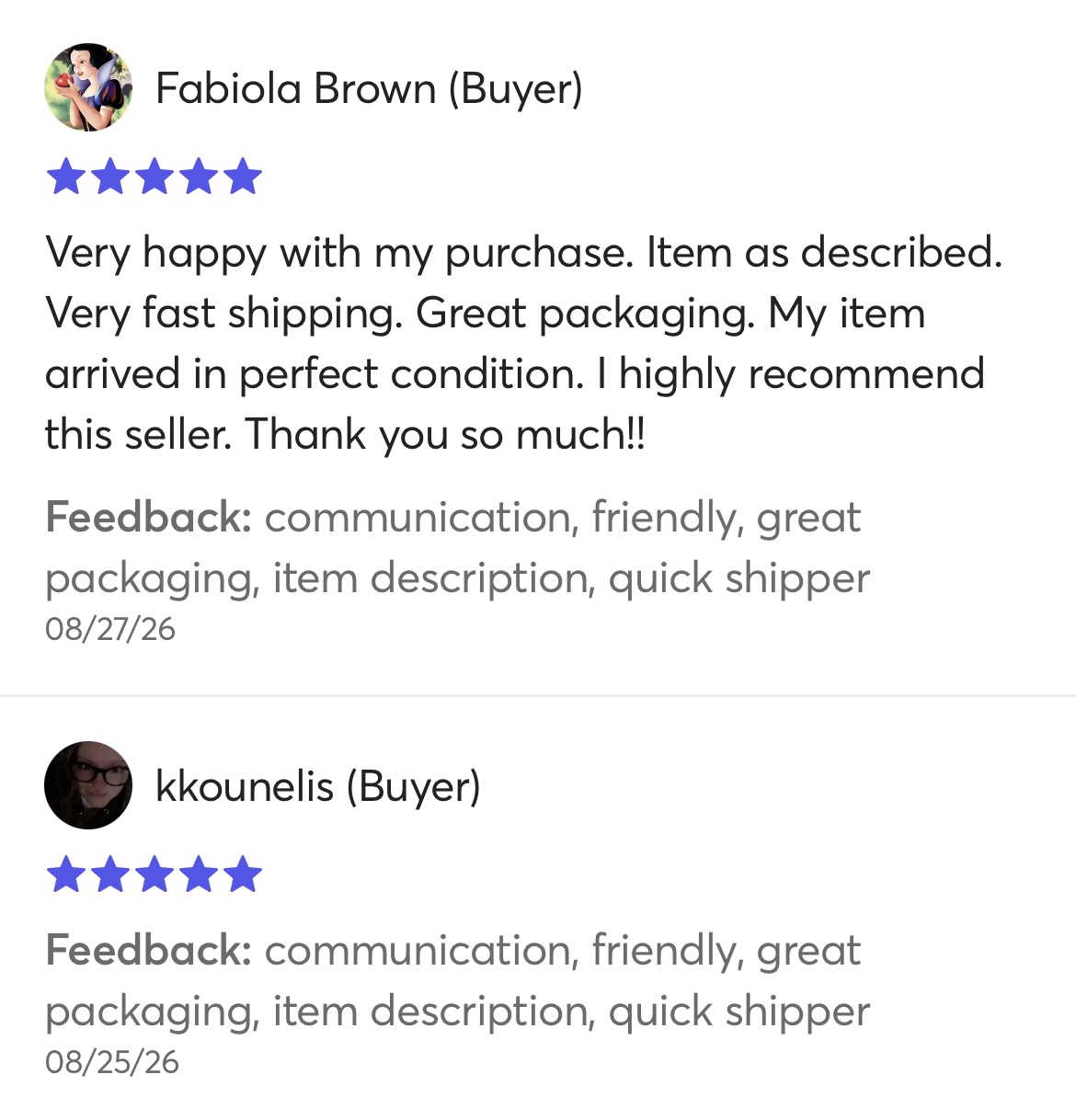 Mercari buyer review praising fast shipping and packaging