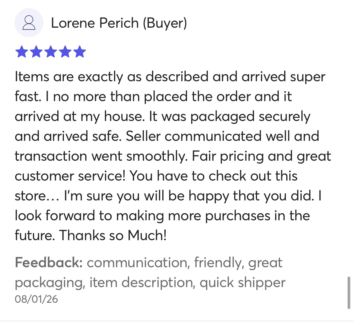 Mercari buyer review about fair pricing and great service